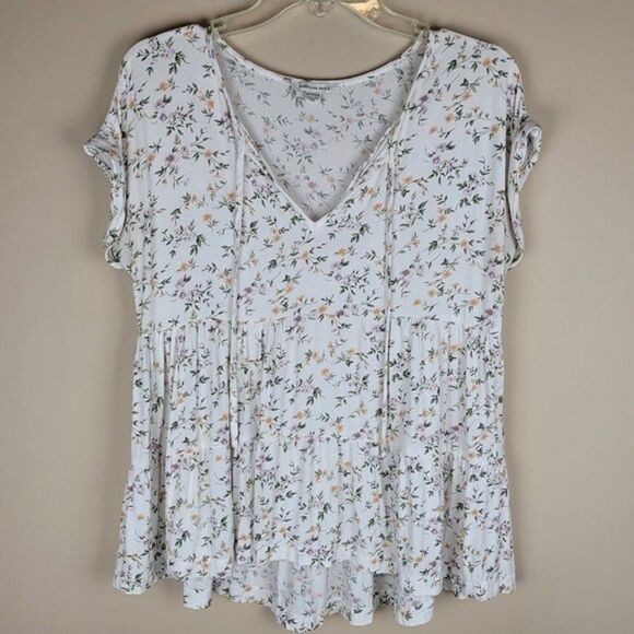 American Eagle Outfitters Floral Tiered Viscose Blouse Short Sleeve White XS - Picture 1 of 12